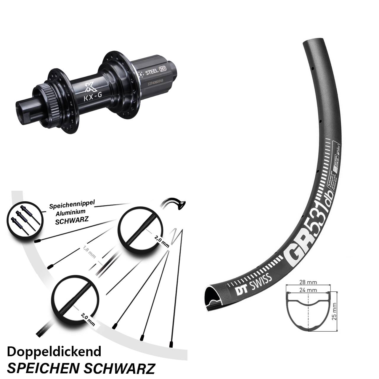 KX-GS 12x142 mm Centerlock DT Swiss GR531 Gravel Hinterrad 28-29 Zoll 8-12 fach