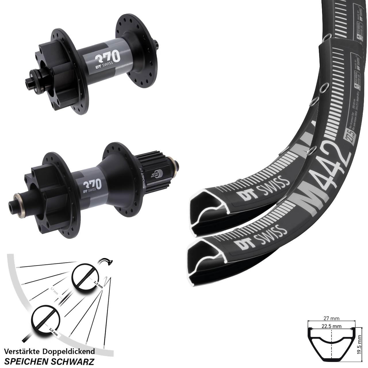 28-29 Zoll DT Swiss M 442 370 Laufradsatz 6-Loch für Schnellspanner Shimano Micro Spline