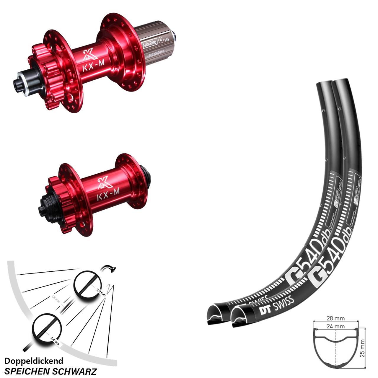 Laufradsatz DT Swiss G 540 Gravel KX-M 6-loch rot eloxiert 100/135 mm