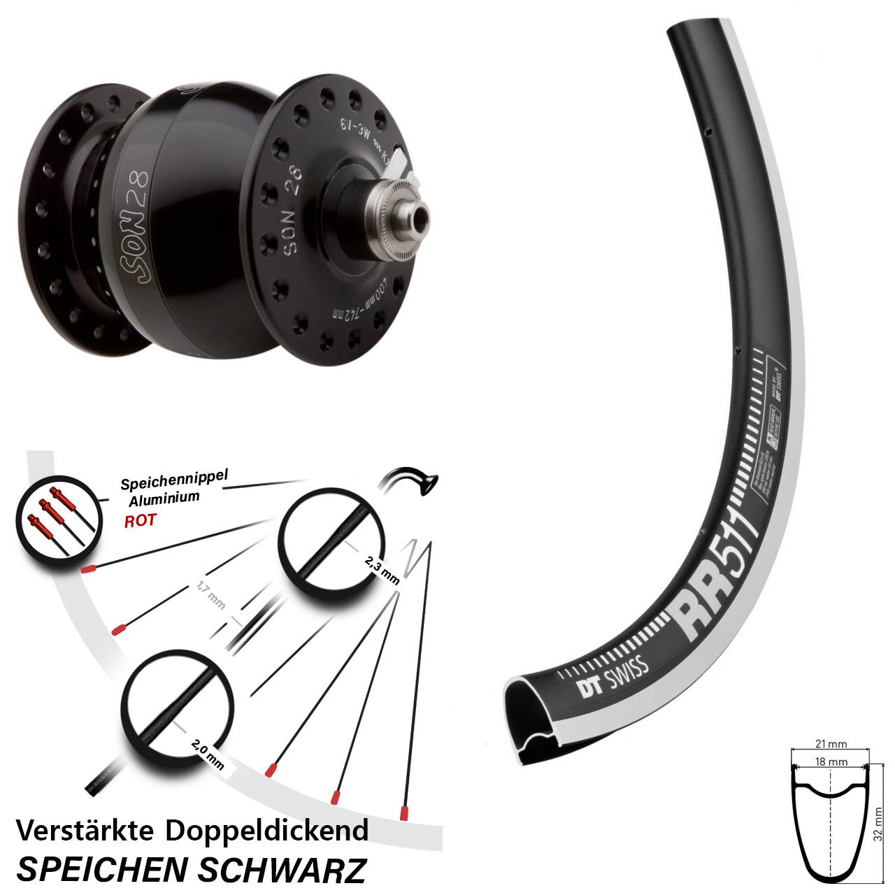 DT Swiss RR 511 SON 28 Zoll Vorderrad mit Nabendynamo QR