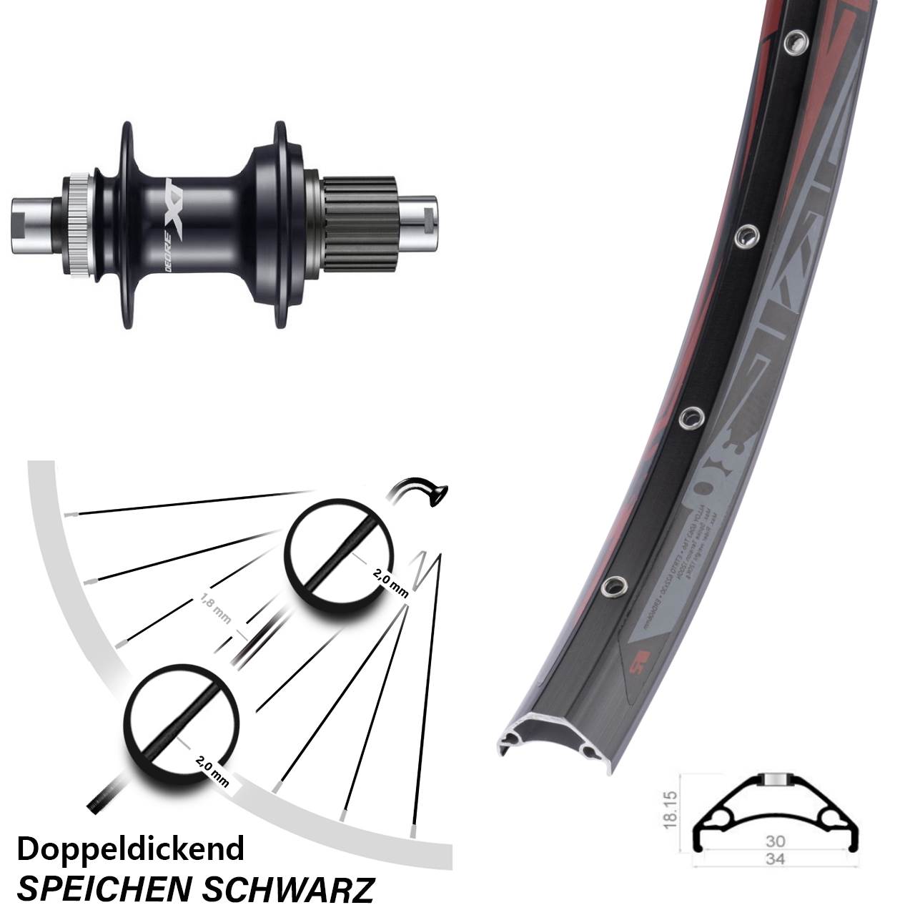 29 Zoll Rodi TRYP 30 Shimano Deore XT FH-M8110 Disc Laufrad 12x142 Micro Spline