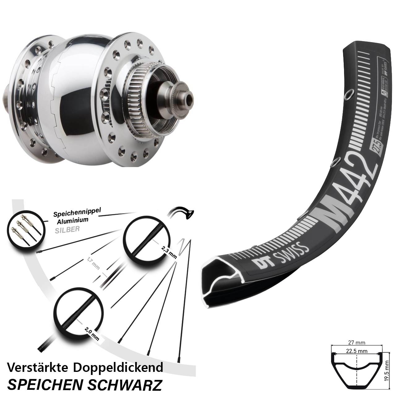 Disc Nabendynamo-Laufrad DT Swiss M 442 SON 28 Zoll QR