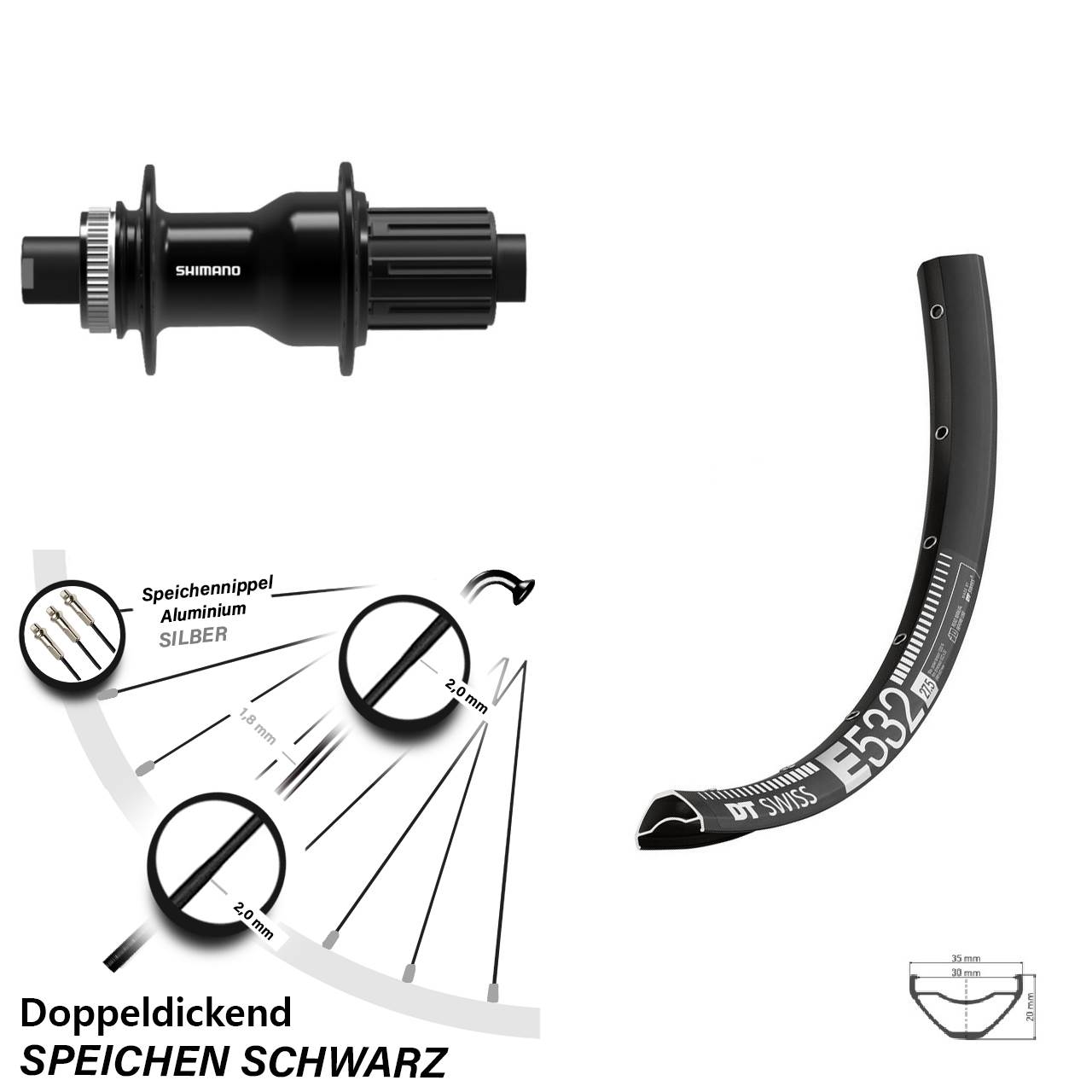 27,5 Zoll DT Swiss E532 Shimano FH-TC500 Boost Hinterrad Centerlock 12x148 Boost 8-11 fach