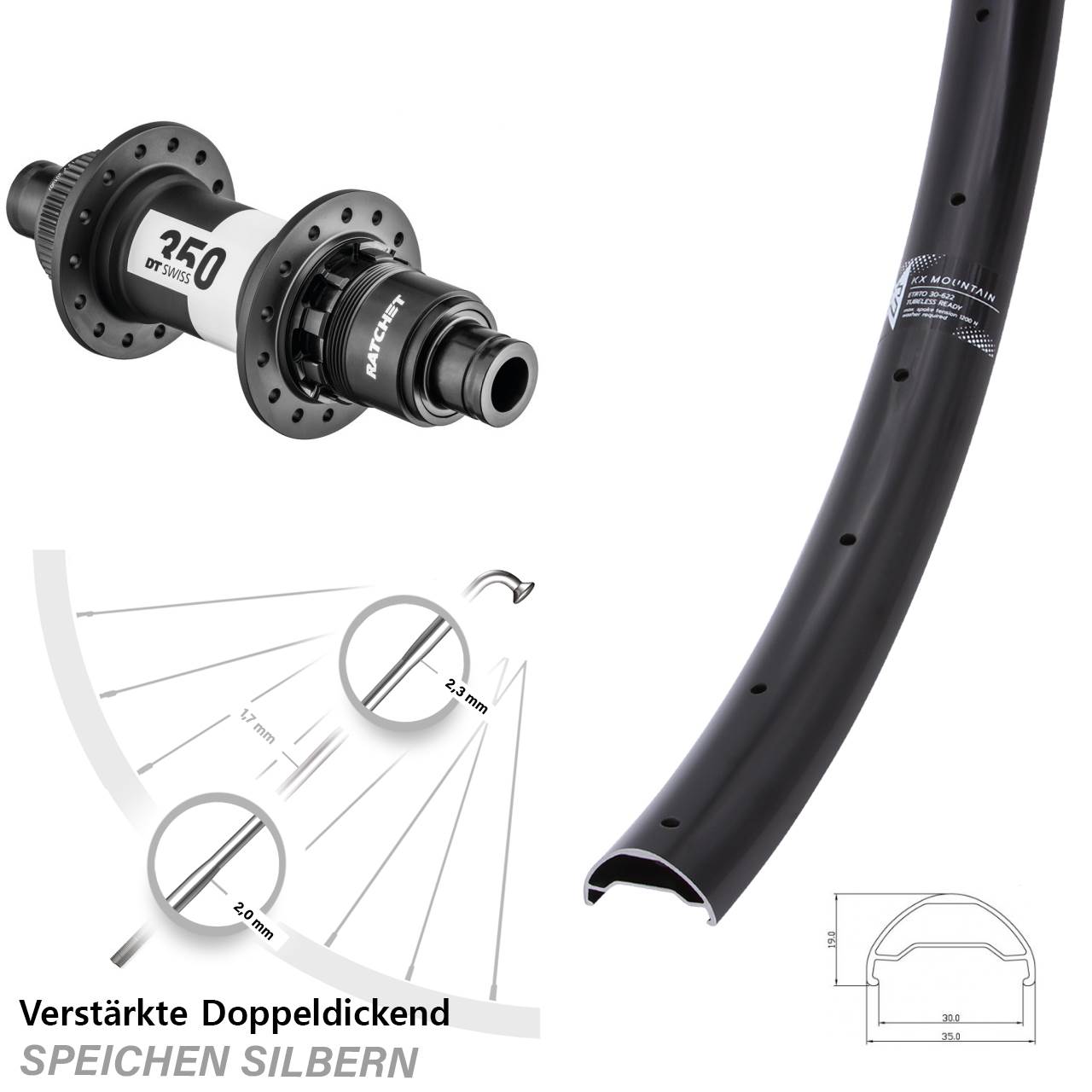 Centerl. Hinterrad 12x142 29 Zoll KX Mountain DT Swiss 350 CL SRAM XD