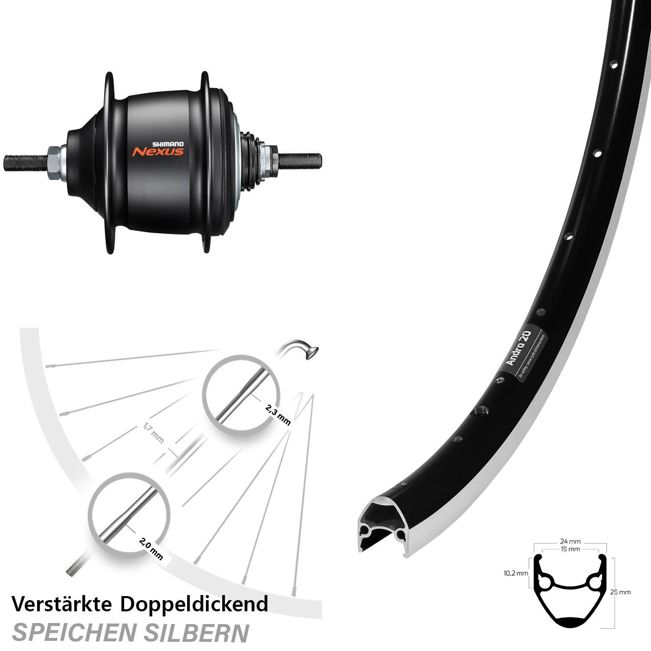 Shimano Nexus 8 Gang Ryde Andra 20 Hinterrad 28 Zoll