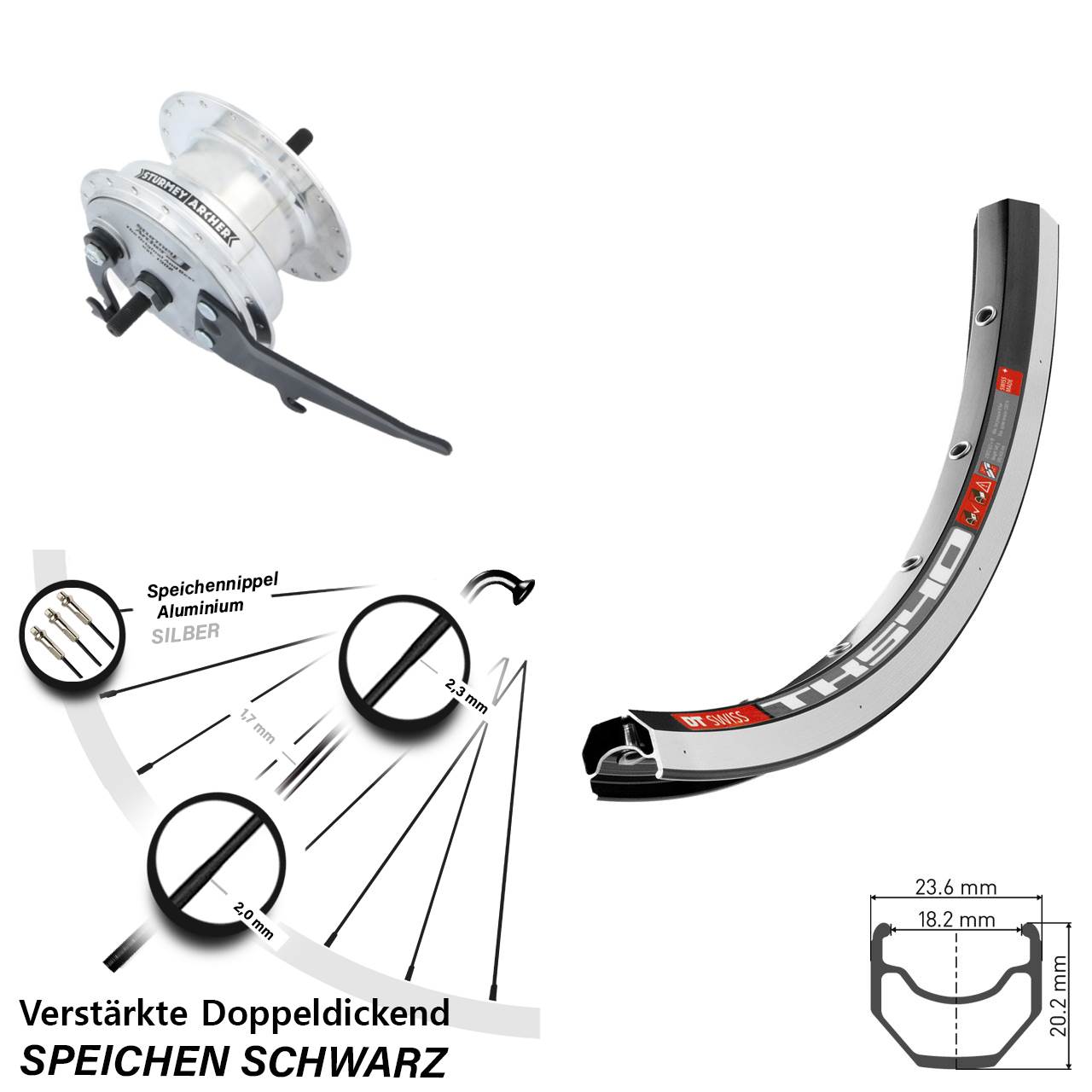 Vorderrad mit Nabendynamo 28 Zoll DT Swiss TK540 Sturmey Archer XL-FDD 3,0 Trommelbremse