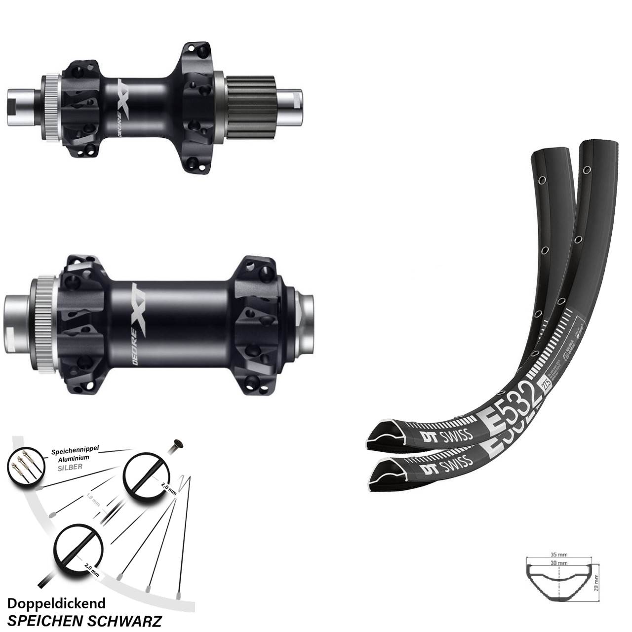 Laufradsatz 29 Zoll Shimano XT Boost Straightpull mit DT Swiss E532 Felge 30 mm