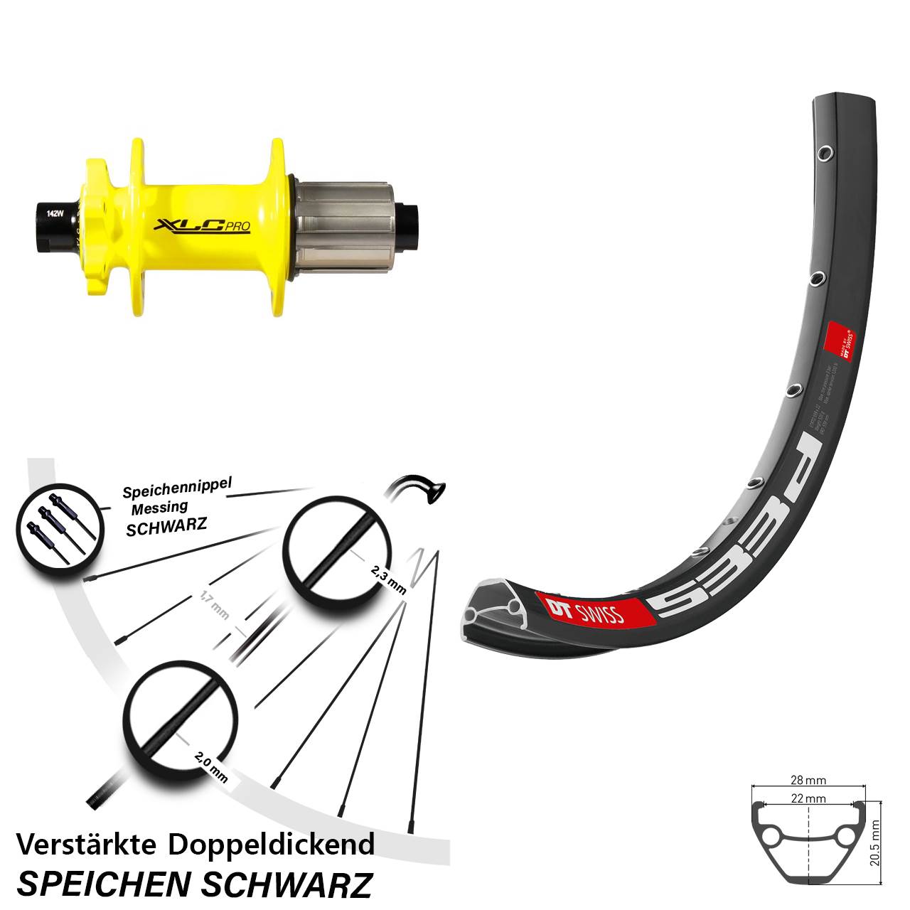 6-Loch Hinterrad 26 Zoll DT Swiss 533d XLC Pro gelb 8-11 fach 12x142