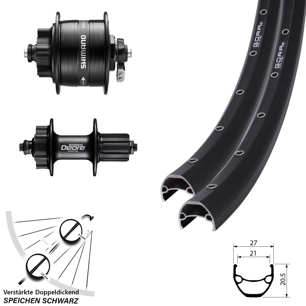 28-29 Zoll Gora 21 Shimano DH-3D32 FH-M525 Disc Laufradsatz QR 8-11 fach