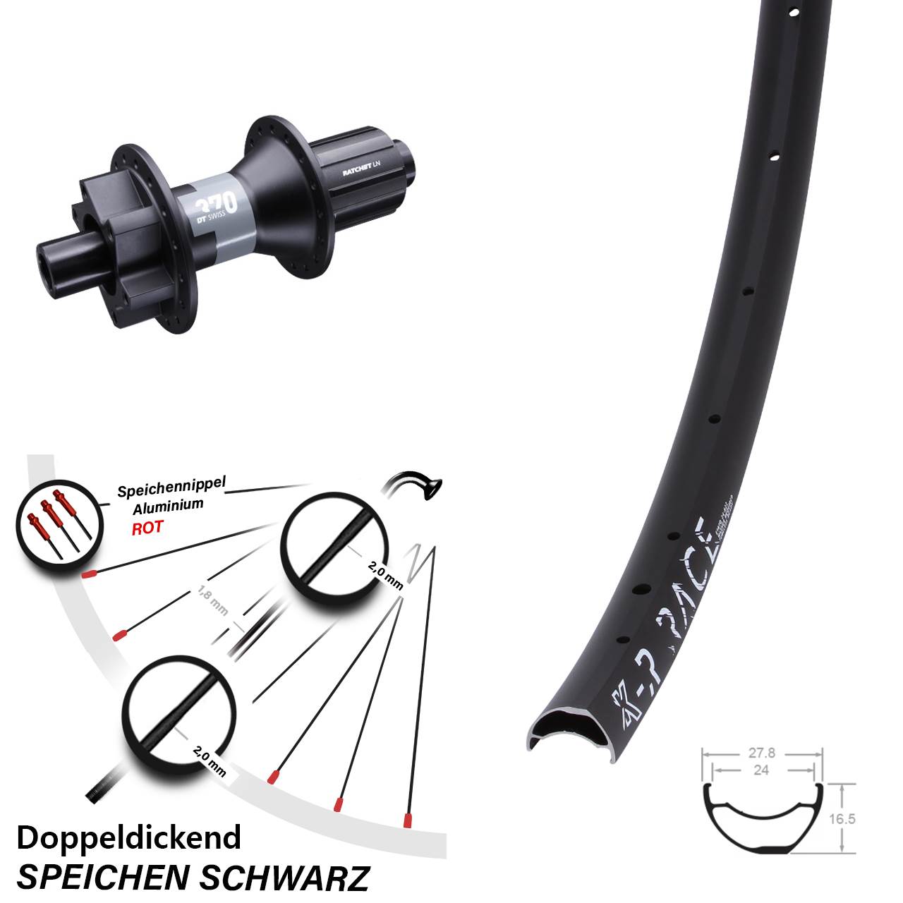 DT Swiss 370 Hinterrad 12x142 mm Steckachse KX-R Race 29 Zoll 6-Loch 8-11 fach