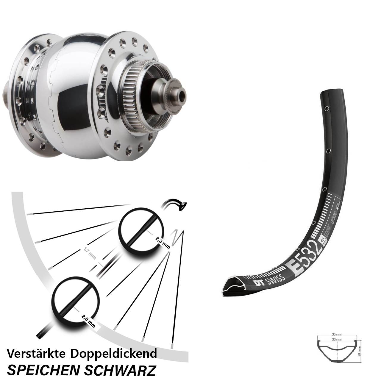 29 Zoll DT Swiss E532 SON 28 poliert Disc Nabendynamovorderrad QR