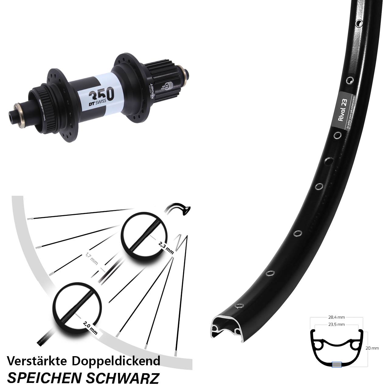Disc Hinterrad 27,5 Zoll Ryde Rival 23 DT Swiss 350 36 Shimano Micro Spline QR Boost