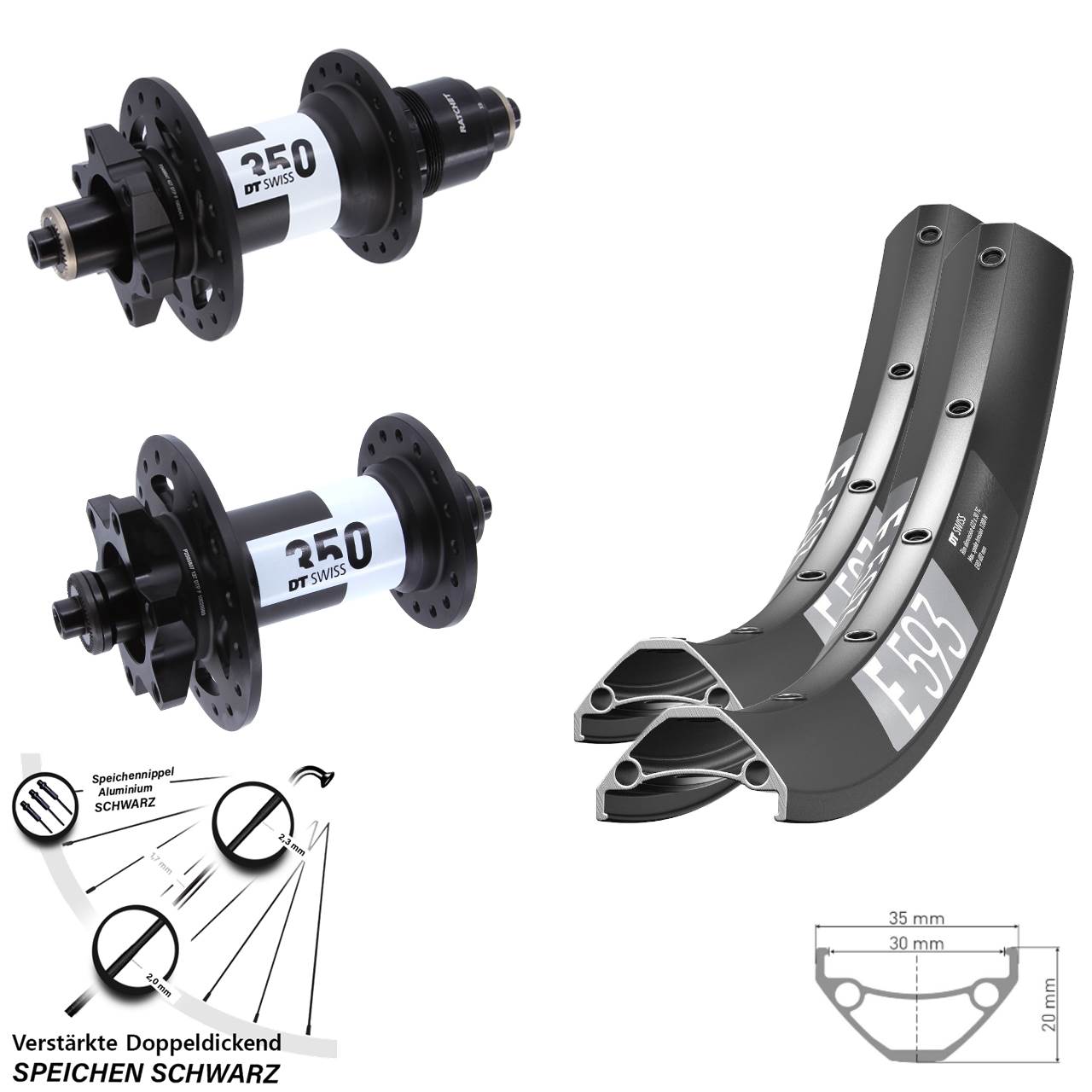 DT Swiss E 593 350 29 Zoll Laufradsatz 6-Loch QR XD 11-12 fach