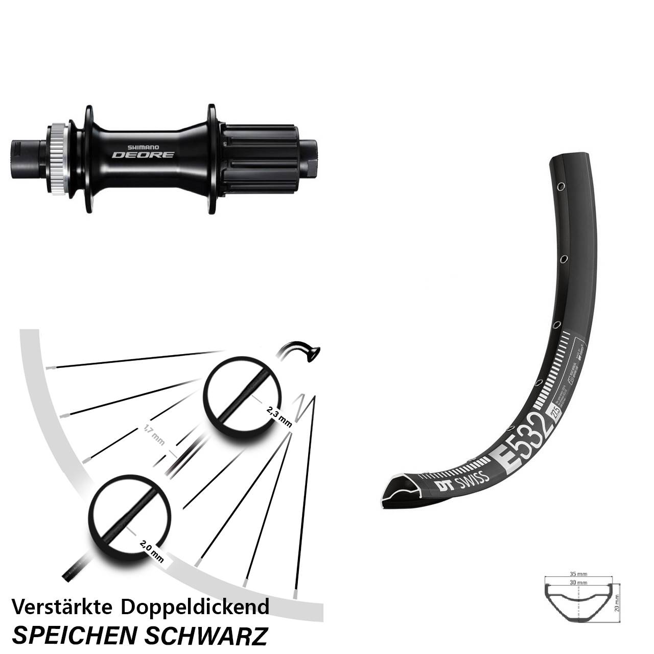 29 Zoll DT Swiss E 532 Shimano Deore Disc Laufrad 12x148 8-11 fach HG