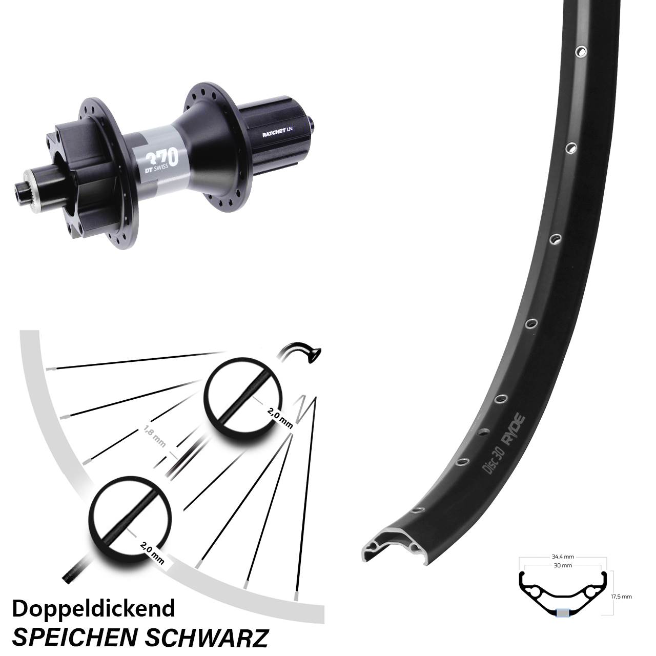 Boost Hinterrad 6-Loch für Schnellspanner 27,5 Zoll Ryde Disc 30 DT Swiss 370 8-11 fach