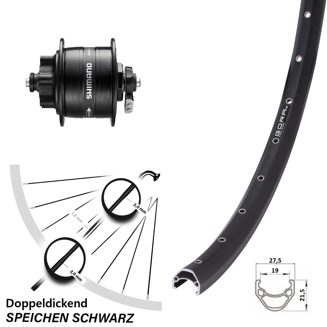 Gora 19 Shimano DH-3D32 26 Zoll 6-Loch Nabendynamo-Vorderrad für Schnellspanner