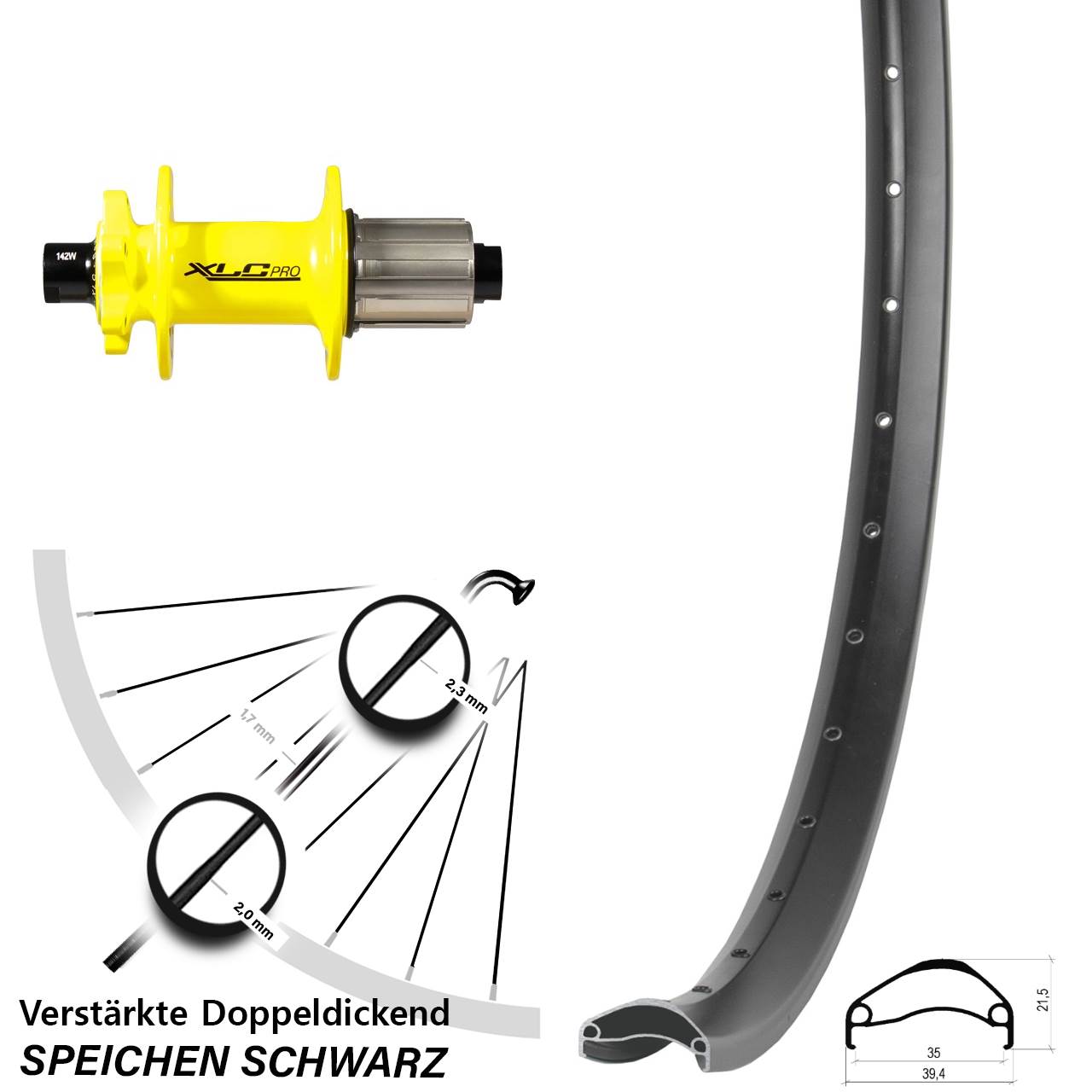27,5 Zoll Ambrosio E35 XLC Pro gelb 6-Loch Hinterrad 12x142 8-11 fach HG
