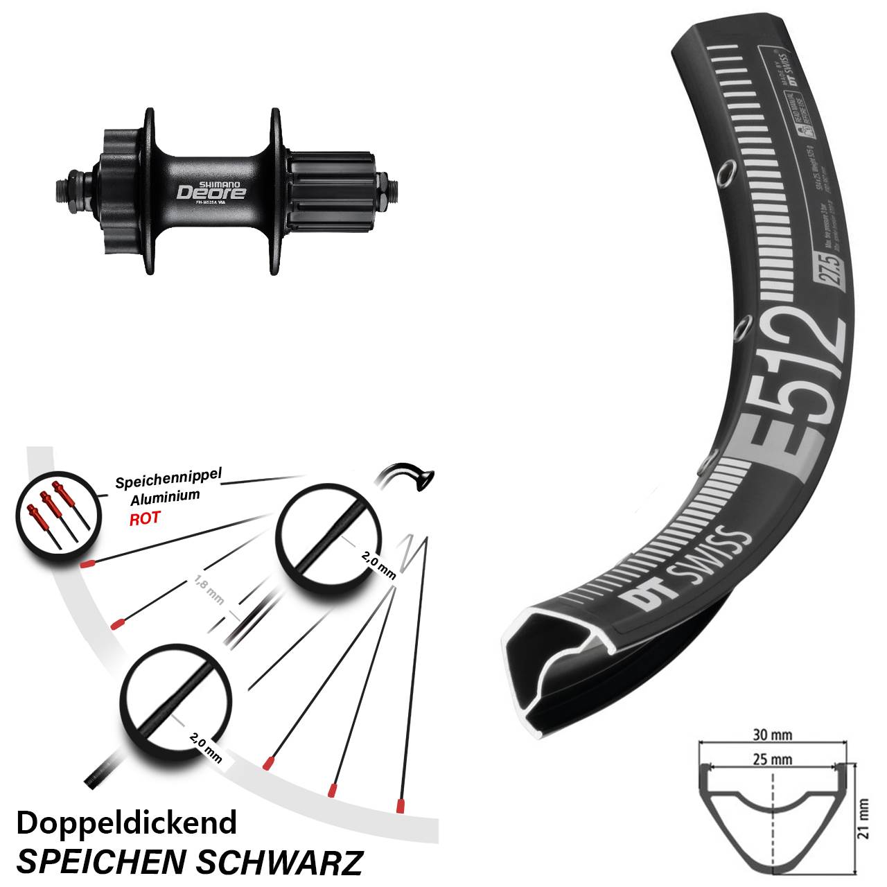 27,5 Zoll DT Swiss E 512 Shimano FH-M525 Hinterrad 6-Loch für Schnellspanner 8-11 fach HG