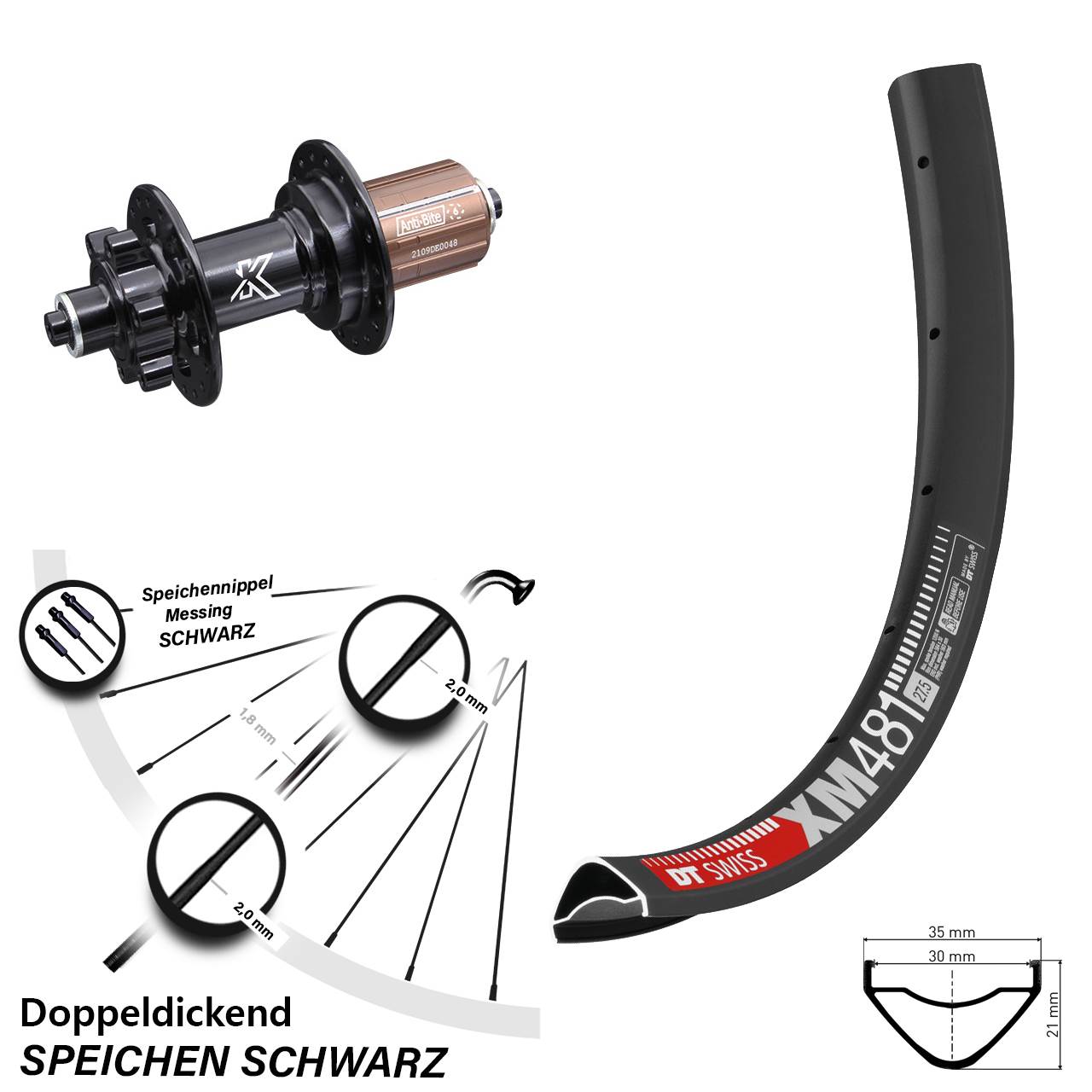 6-Loch Hinterrad 27,5 Zoll DT Swiss XM 481 KX-M 8-12 fach für Schnellspanner