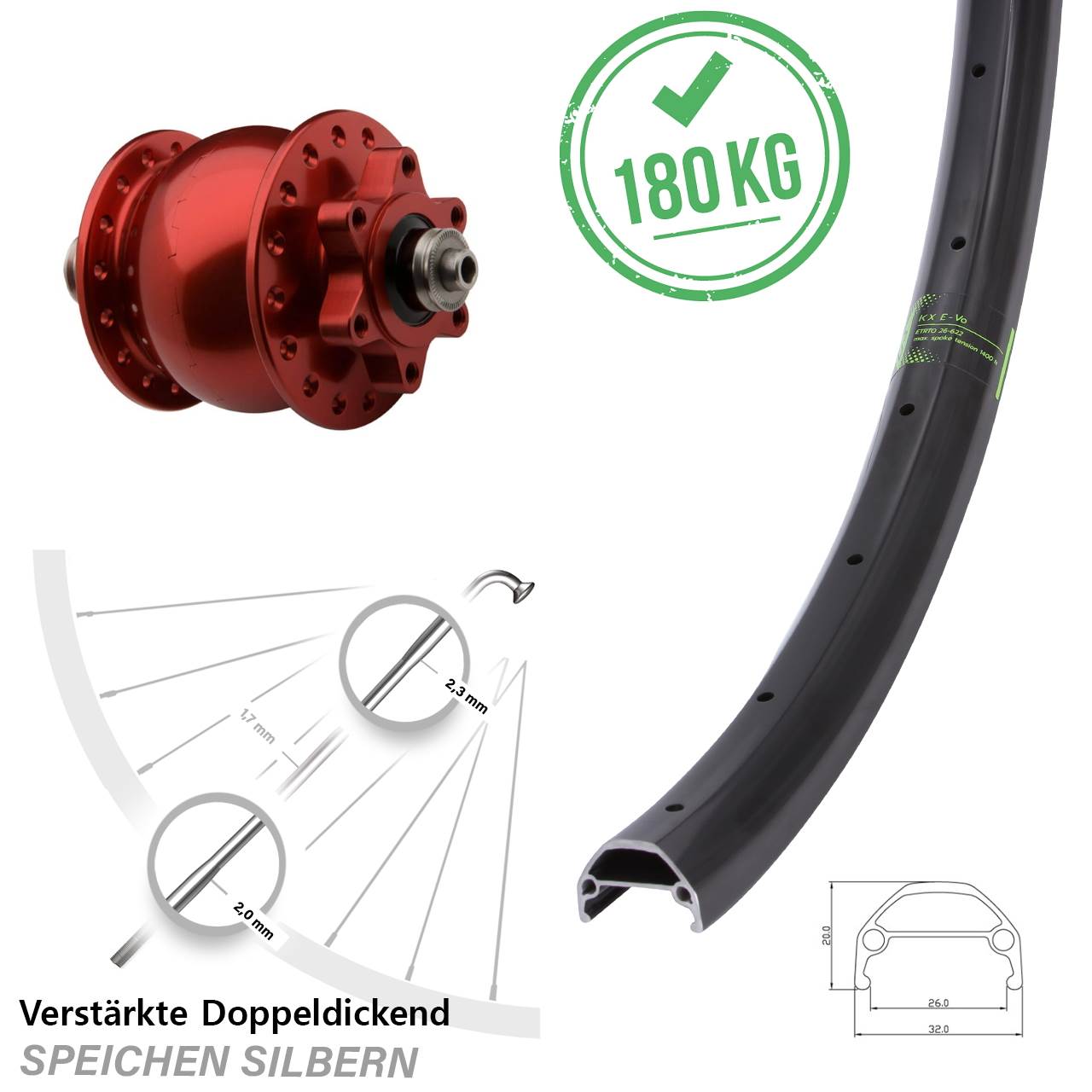 20 Zoll SON 28 rot KX Evo 6-Loch Nabendynamo-Vorderrad QR