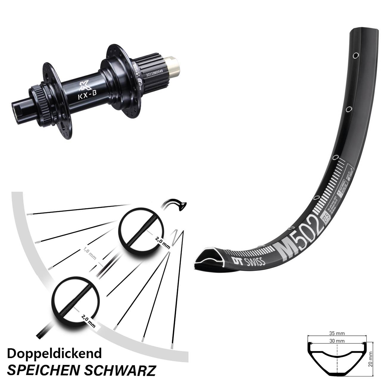 DT Swiss M 502 27,5 Zoll Hinterrad KX-B Centerlock Micro Spline 12x148