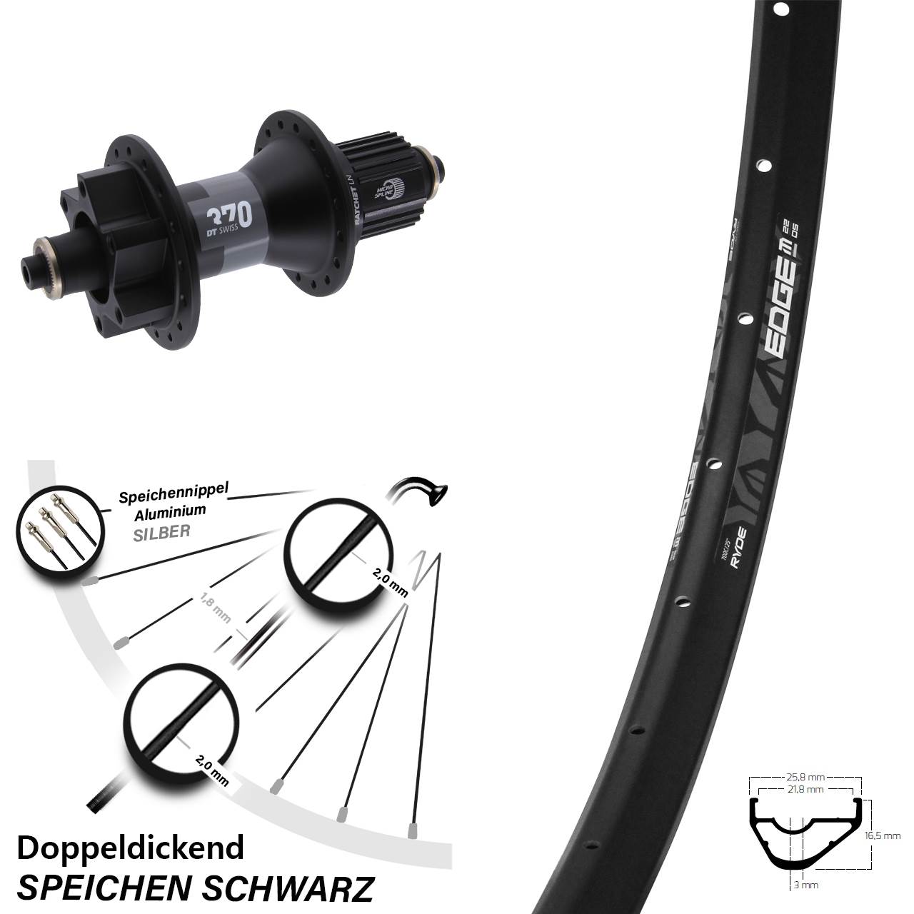 28-29 Zoll Ryde Edge M22 OS DT Swiss 370 Disc Laufrad für Schnellspanner Micro Spline
