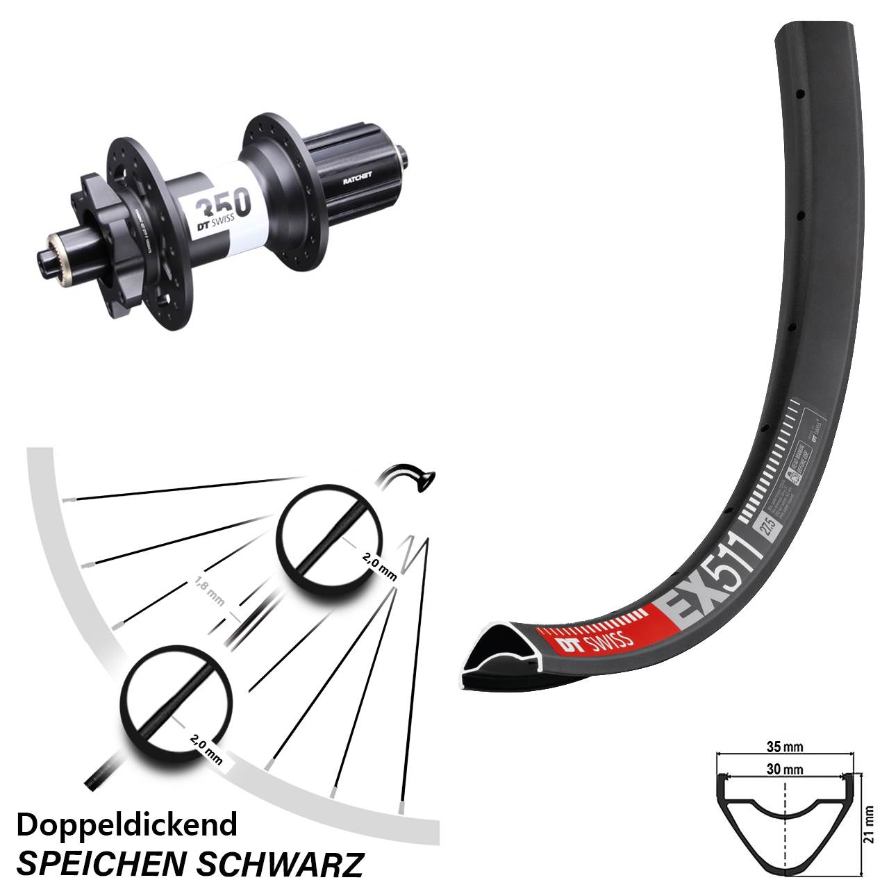 29 Zoll DT Swiss EX 511-350 Boost 6-Loch Hinterrad für Schnellspanner Boost 8-11 fach