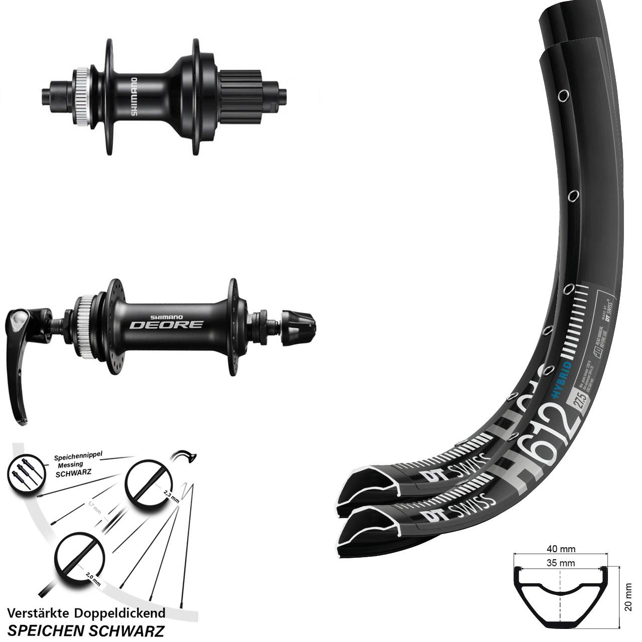 Laufradsatz Disc 27,5 Zoll DT Swiss H612 Shimano Deore MT500 Micro Spline QR