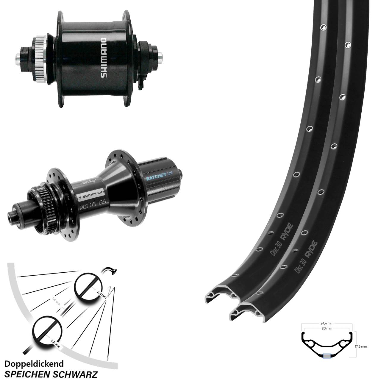 Ryde Disc 30 DT Swiss 370 Hybrid Shimano DH-UR700 29 Zoll Laufrad-Satz QR 8-11 fach