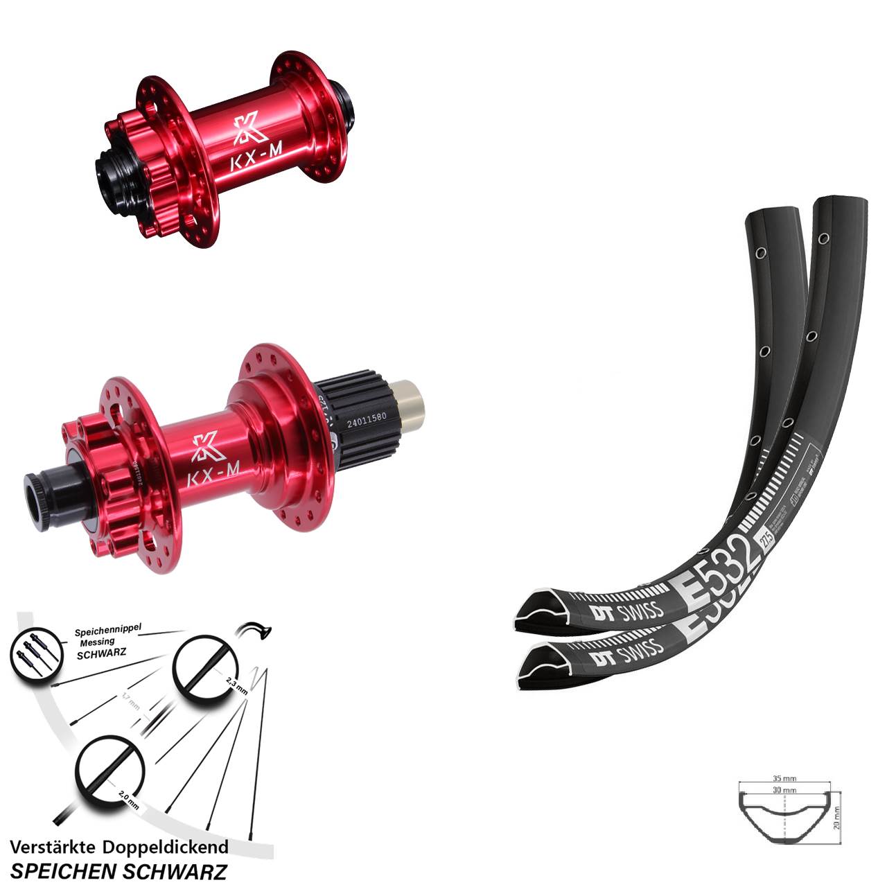 Disc Laufrad-Satz 15x100 12x142 29 Zoll DT Swiss E532 KX-M rot Shimano Micro Spline