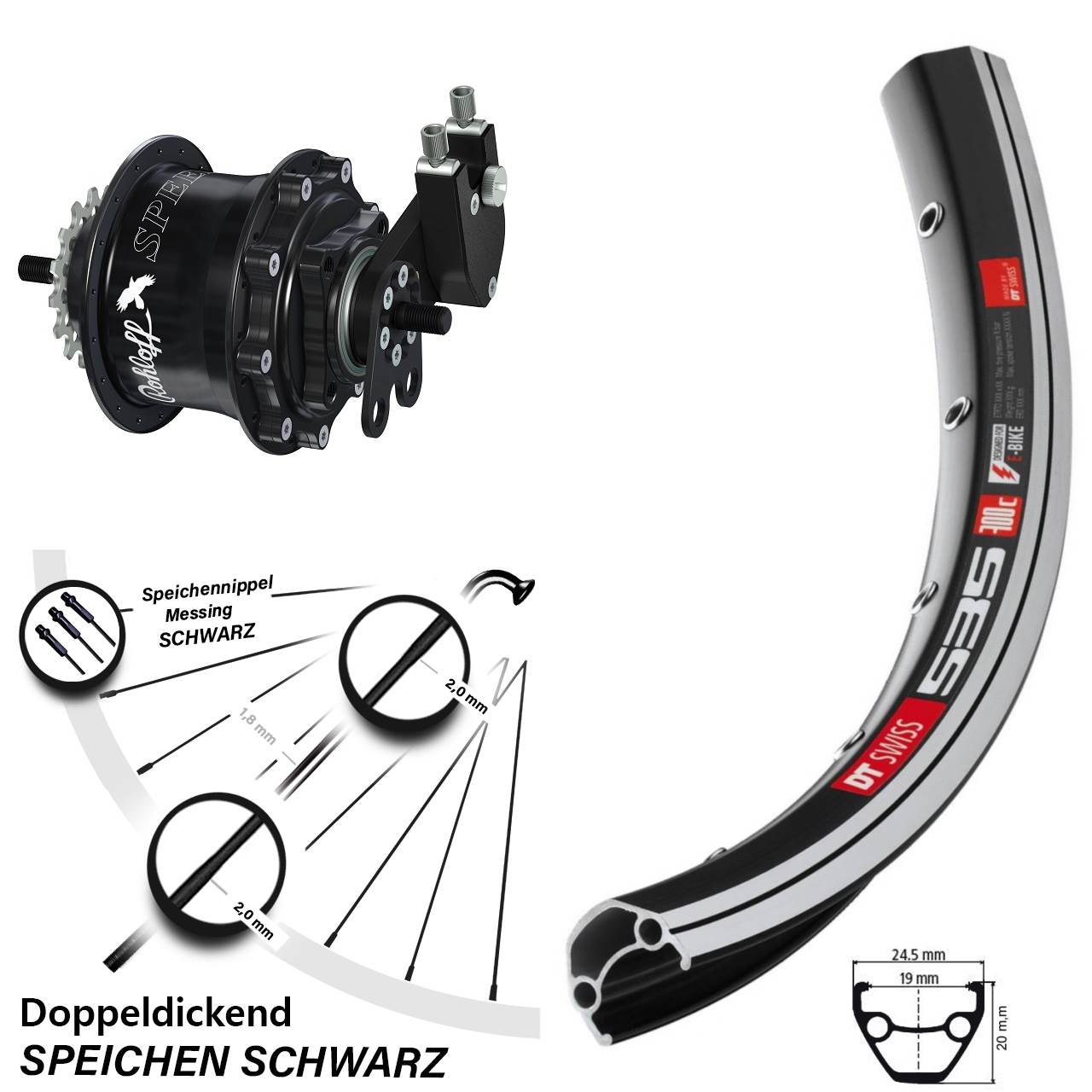 schwarzes 26 Zoll Hinteres Rad DT Swiss 535 mit Rohloff Speedhub 500/14 TS DB schwarz Nabe