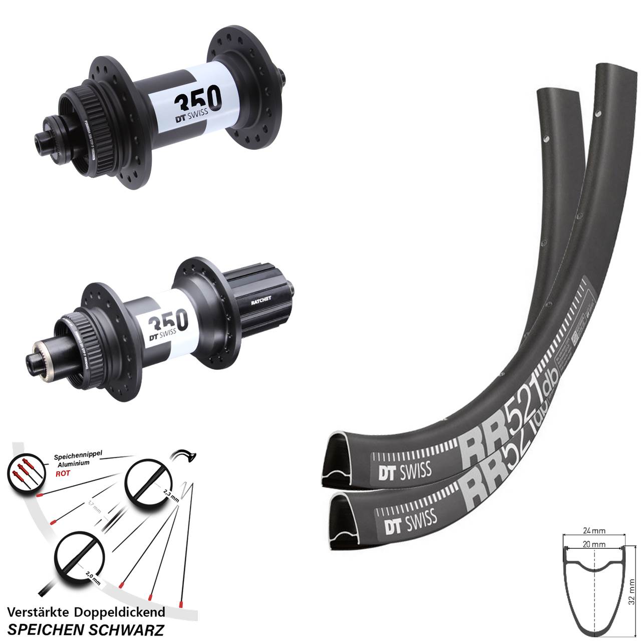 28 Zoll DT Swiss RR 521 350 Disc Laufrad-Satz QR 8-11 fach HG
