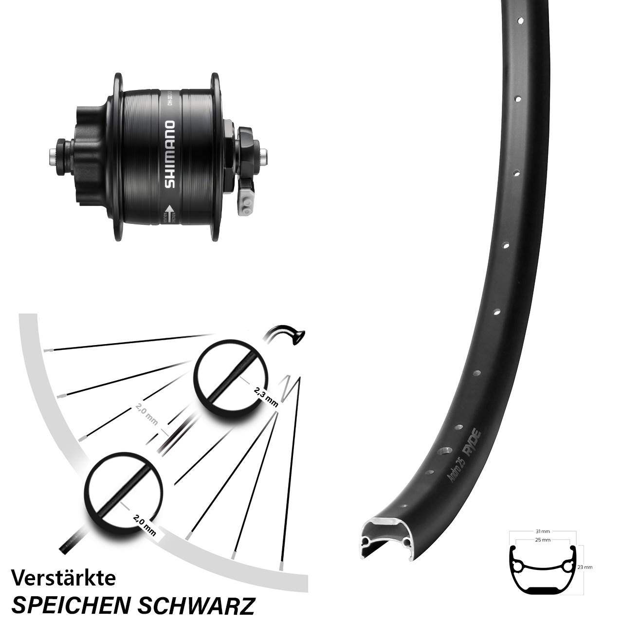 6-Loch Vorderrad mit Nabendynamo QR 29 Zoll Ryde Andra 25 Shimano DH-3D32