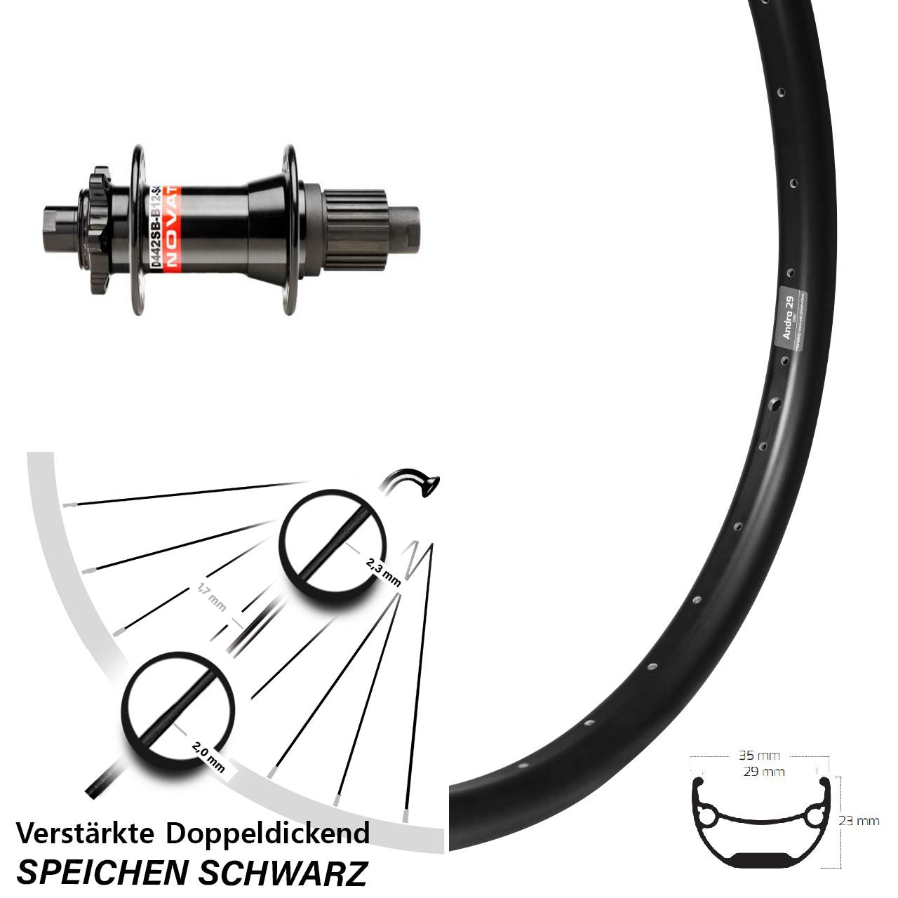Boost Hinterrad 6-Loch 12x148 29 Zoll Ryde Andra29 Novatec D442 Shimano Micro Spline