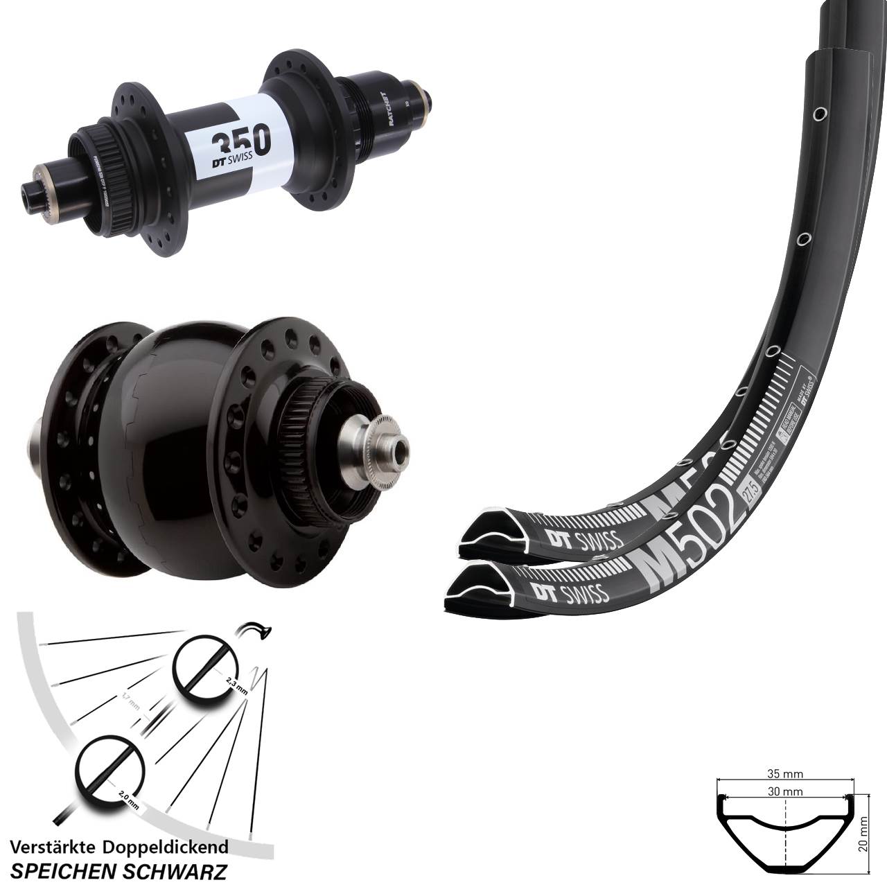 DT Swiss M502-350 SON 28 27,5 Zoll Centerlock Laufradsatz für Schnellspanner XD 11-12 fach