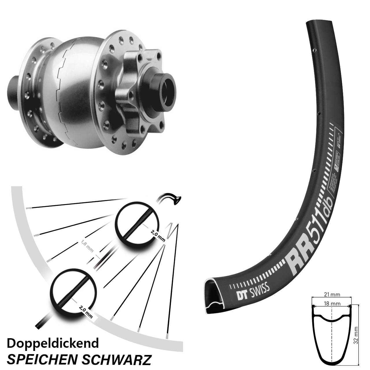 Disc Laufrad mit Nabendynamo 28 Zoll DT Swiss RR 511 SON 28 silbern 15x100