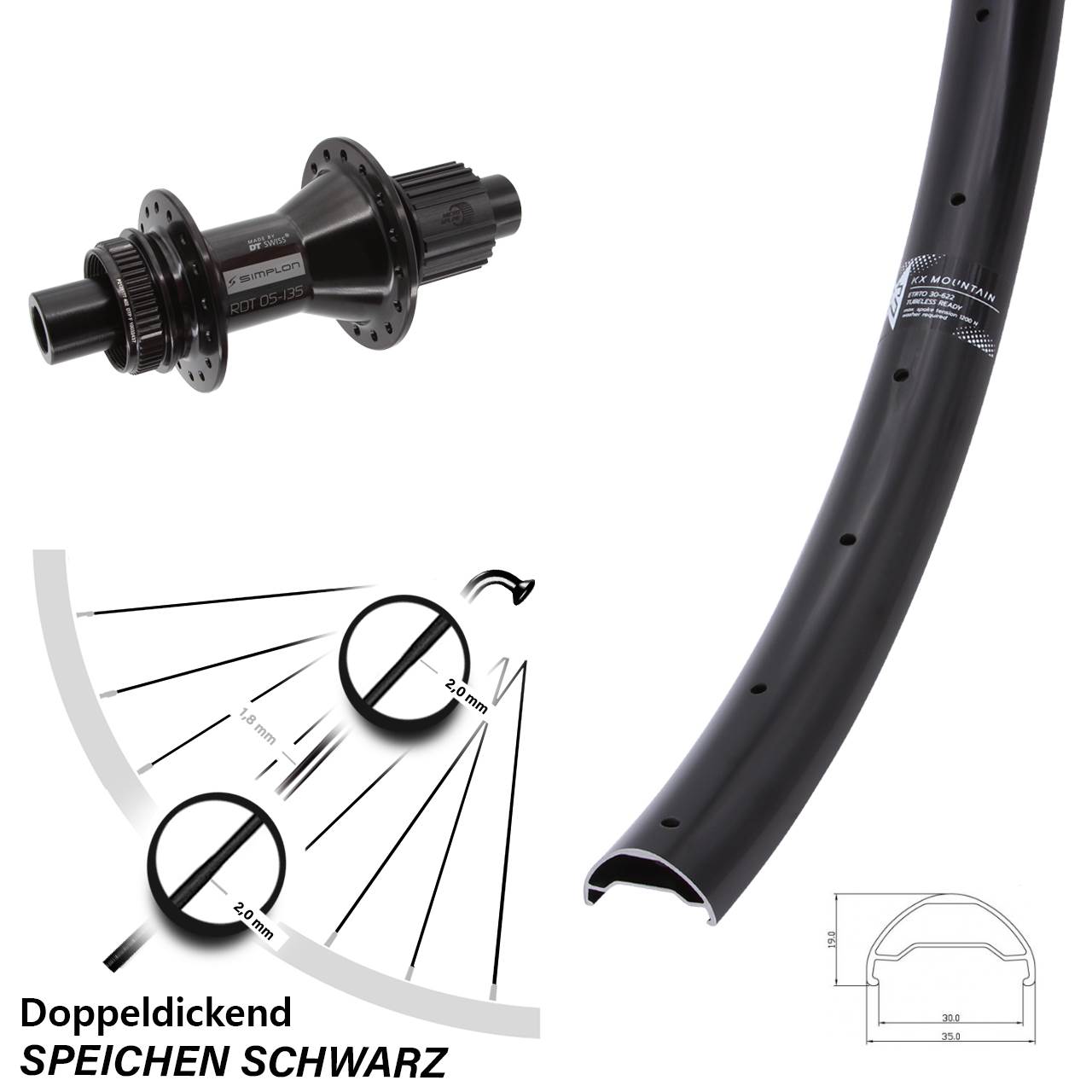 Hinterrad Centerlock 12x142 29 Zoll KX Mountain DT Swiss 370 Hybrid Micro Spline