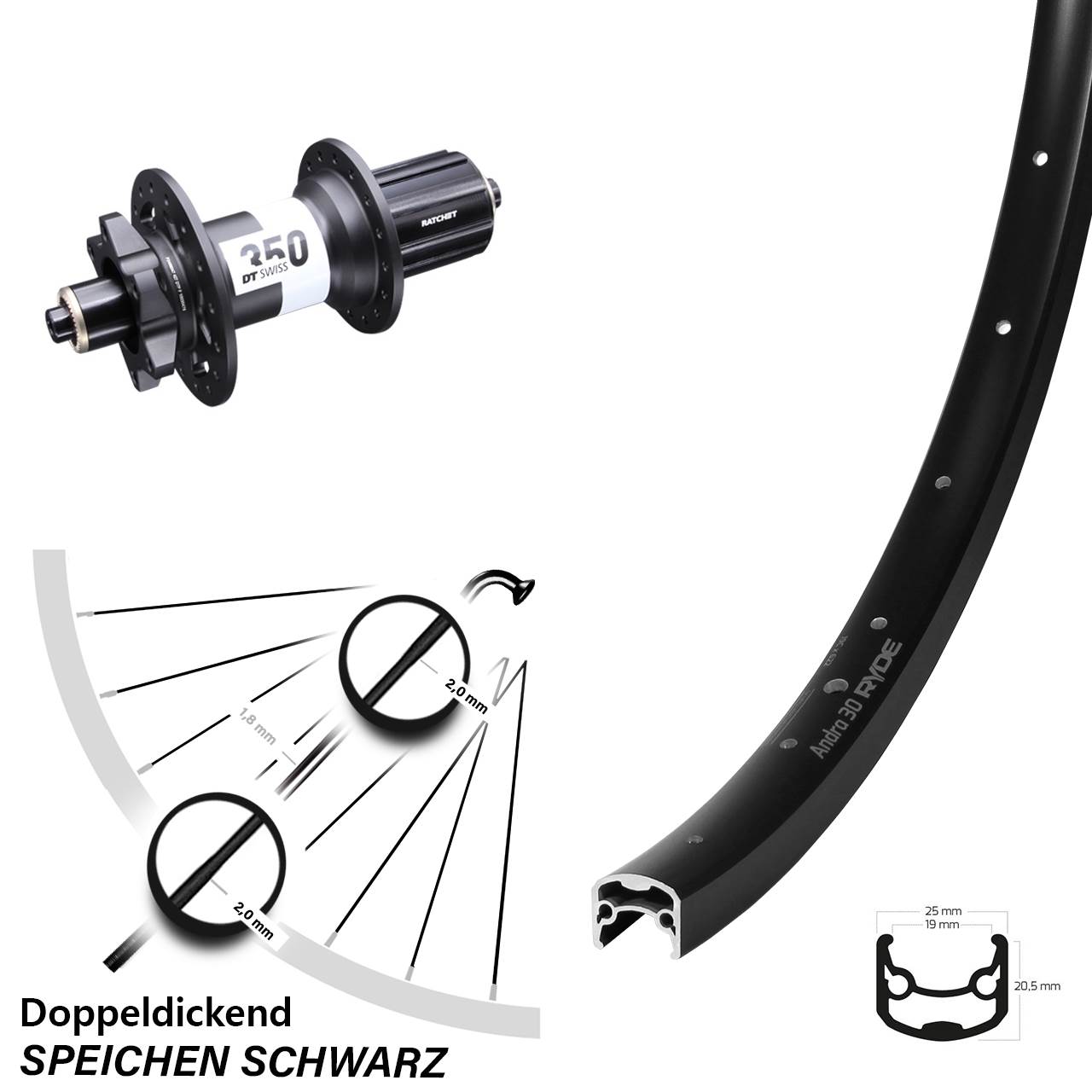28 Zoll Hinterrad 6-Loch Ryde Andra 30 DT Swiss 350 8-11 fach 5x135