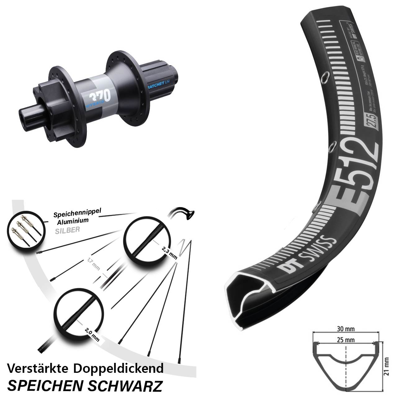 27,5 Zoll Hinterrad DT Swiss E512-370 Hybrid Boost 12x148 mm HG 8-11-fach