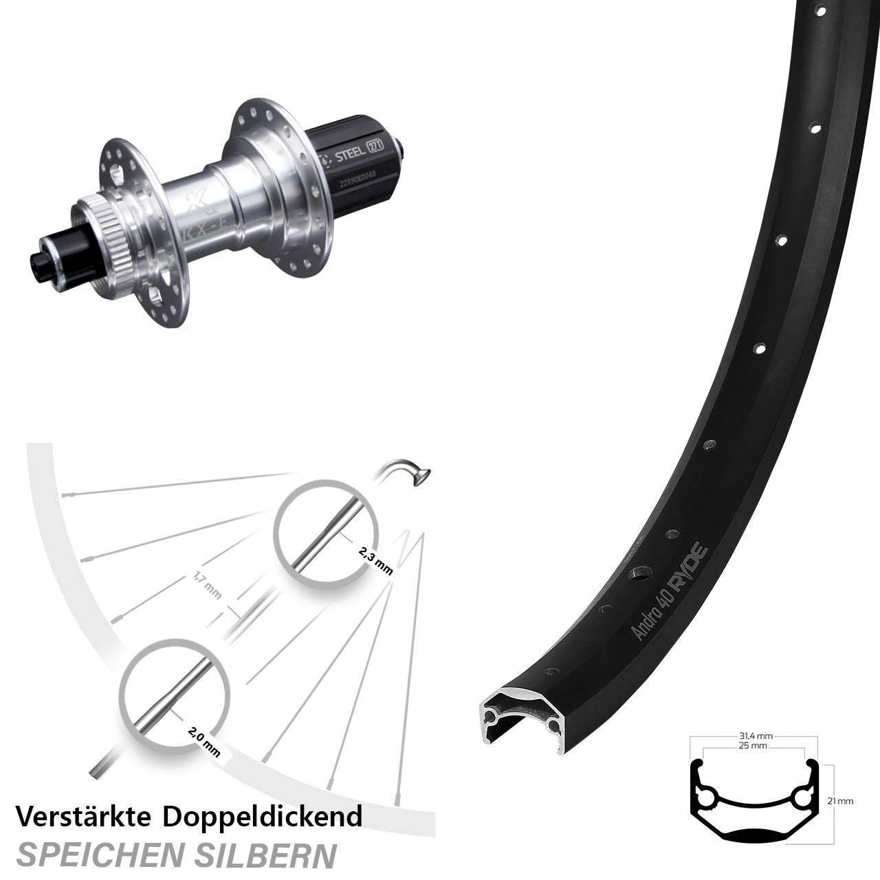 20 Zoll Hinterrad KX-E Nabe silbern 5x135 mm Centerlock 8-12 fach Ryde Andra 40 Disc