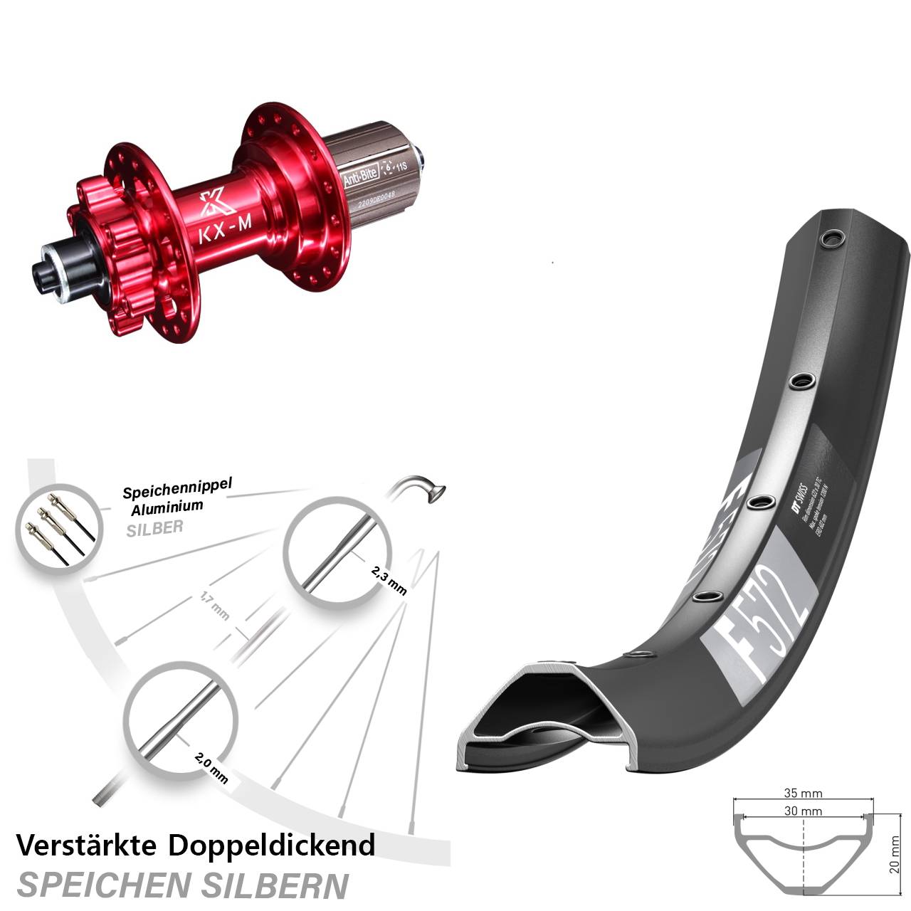 Hinterrad 6-Loch für Schnellspanner 29 Zoll DT Swiss F572 KX-M rot 8-12 fach HG