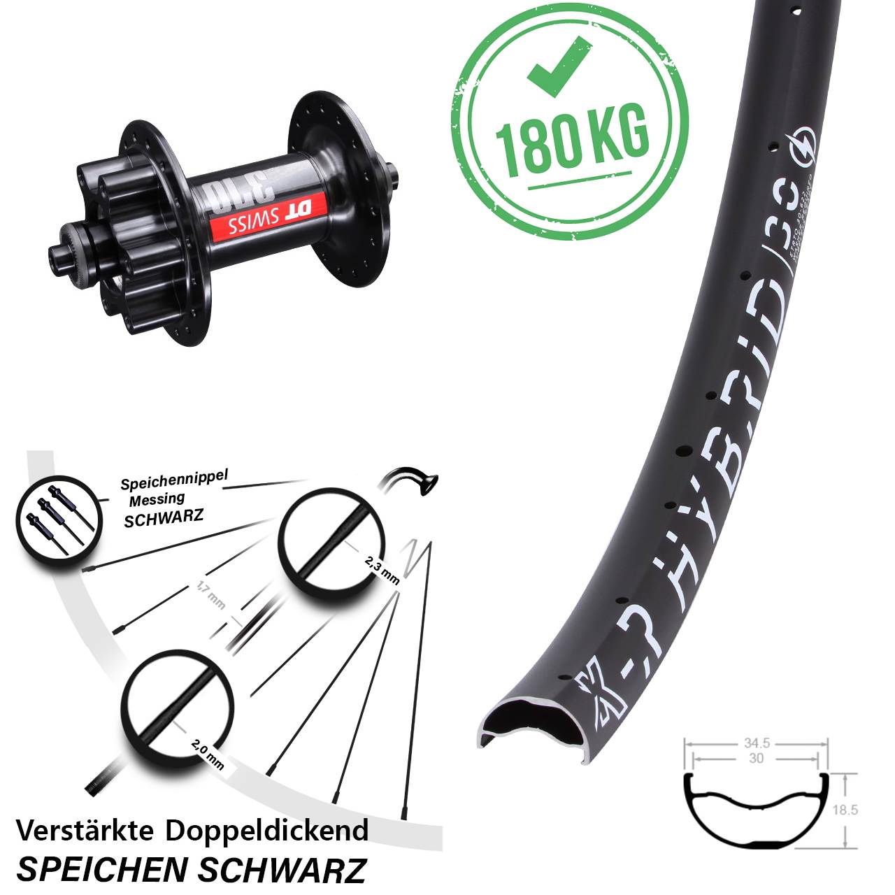 6-Loch Vorderrad für Schnellspanner 29 Zoll KX-R Hybrid 30 DT Swiss 370