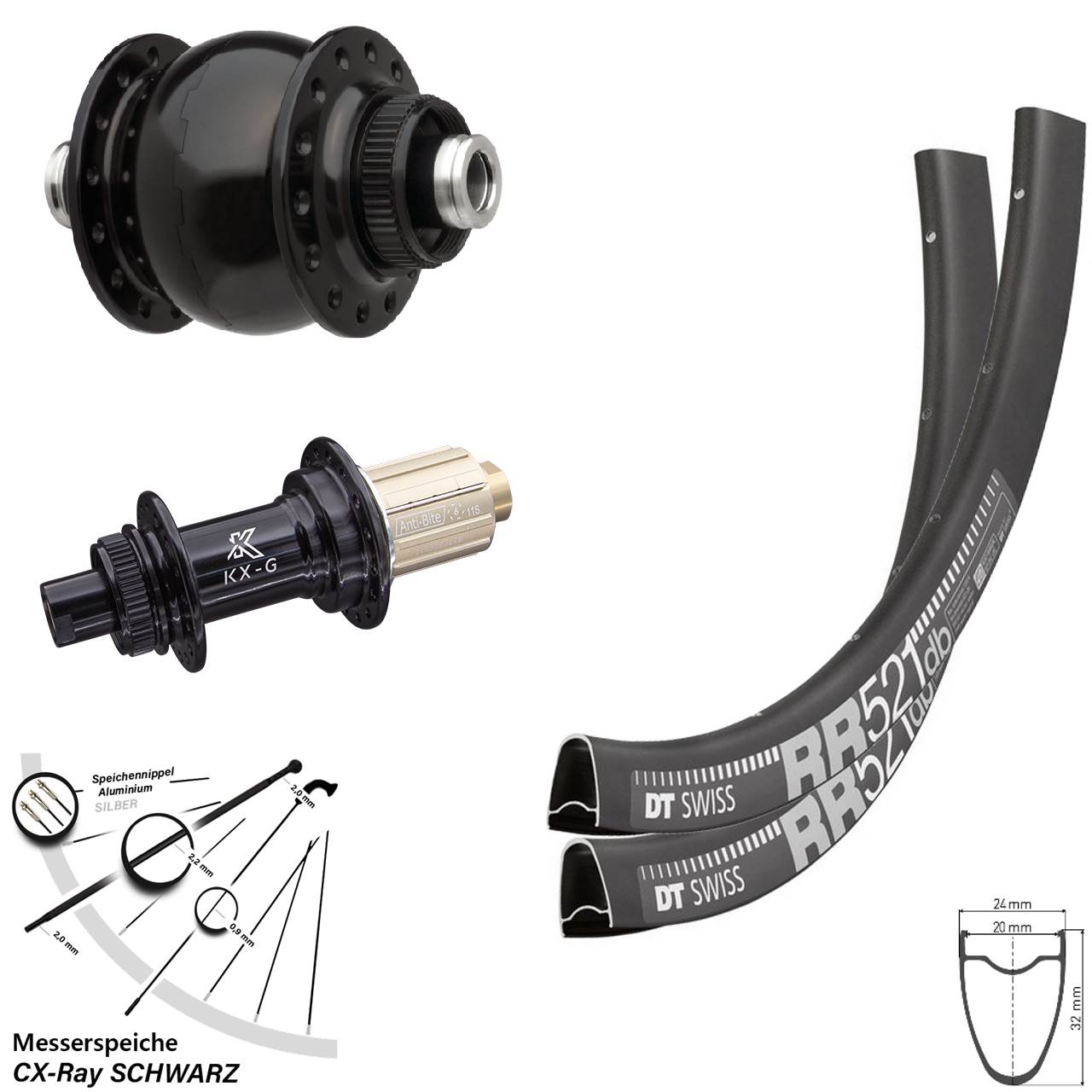 DT Swiss RR521 KX-G SONdelux 28 Zoll Laufradsatz Centerlock 12x100/142 CX-Ray 8-12 fach HG