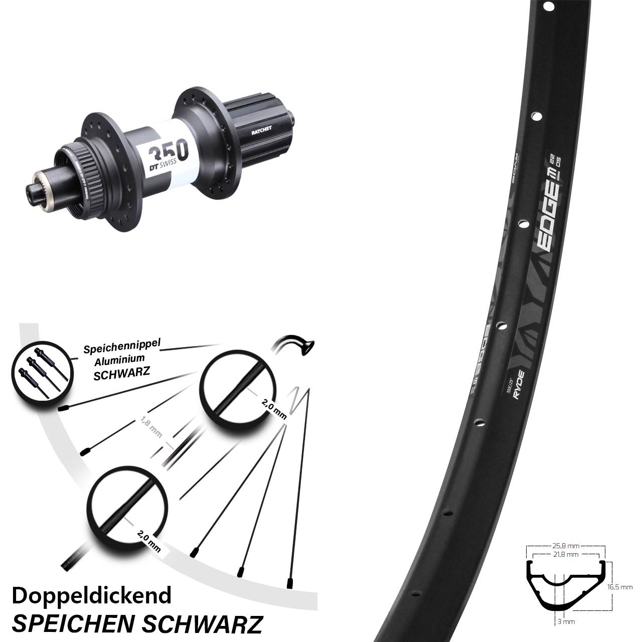 Ryde Edge M22 DT Swiss 350 28-29 Zoll Centerlock Hinterrad QR 8-11 fach