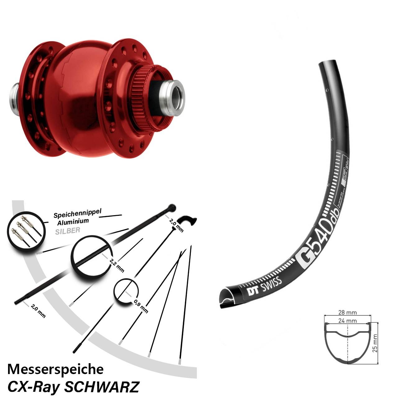 roter SON 28 Zoll DT Swiss G 540 Vorderrad mit Nabendynamo 12x100 CX-Ray