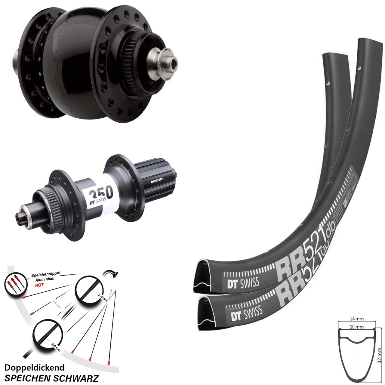 SON 28 Zoll DT Swiss RR521-350 Laufradsatz für Schnellspanner 11-12 fach HG
