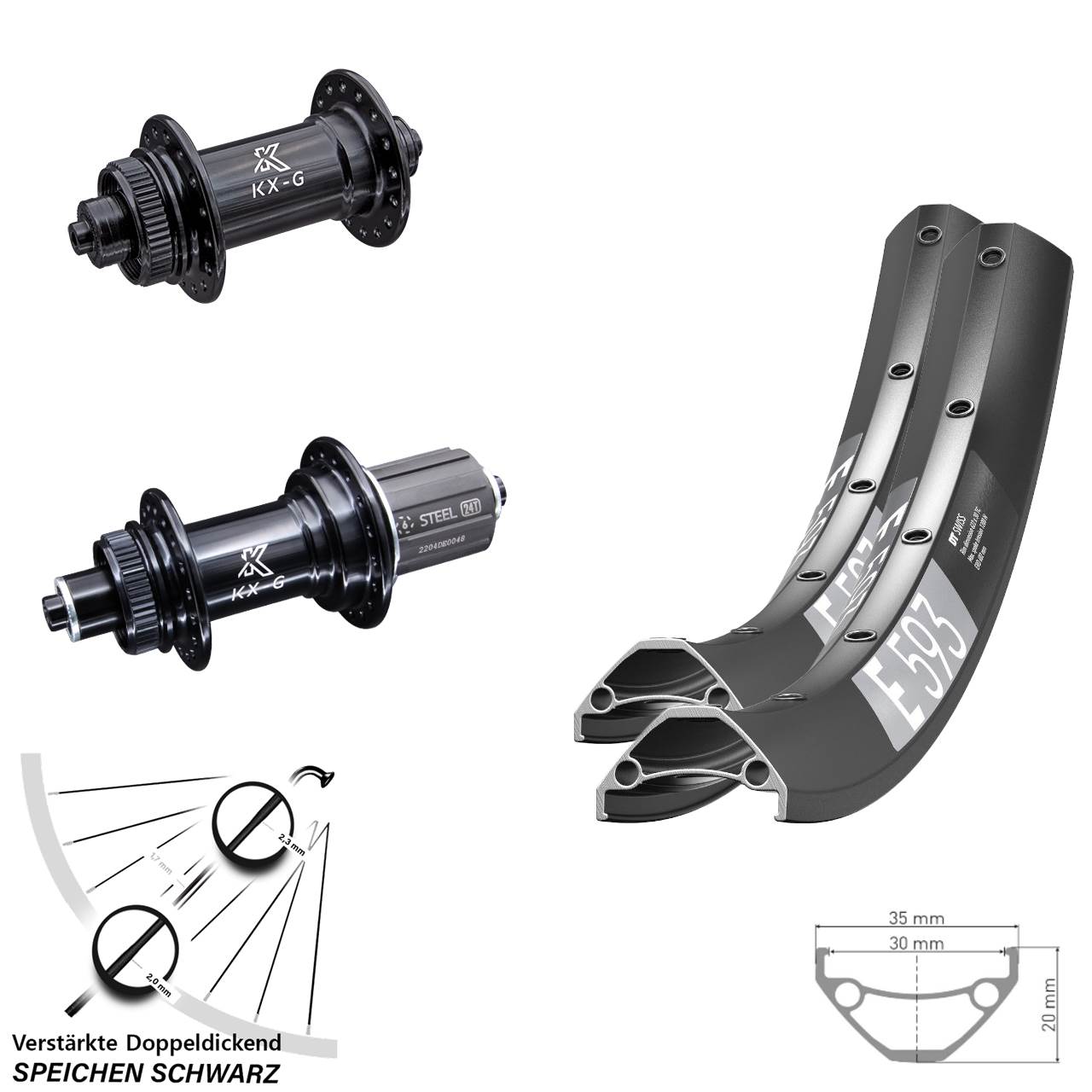 Laufradsatz Centerlock QR 650B DT Swiss E593 KX-GS verstärkt 8-12 fach