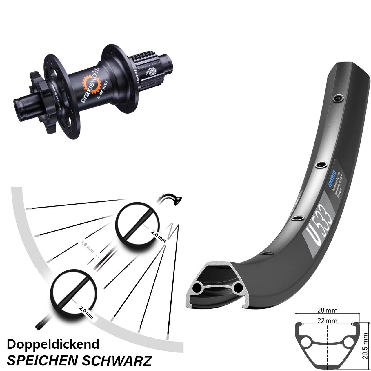 6-Loch Hinterrad 12x142 28 Zoll DT Swiss U533-350 Shimano Micro Spline