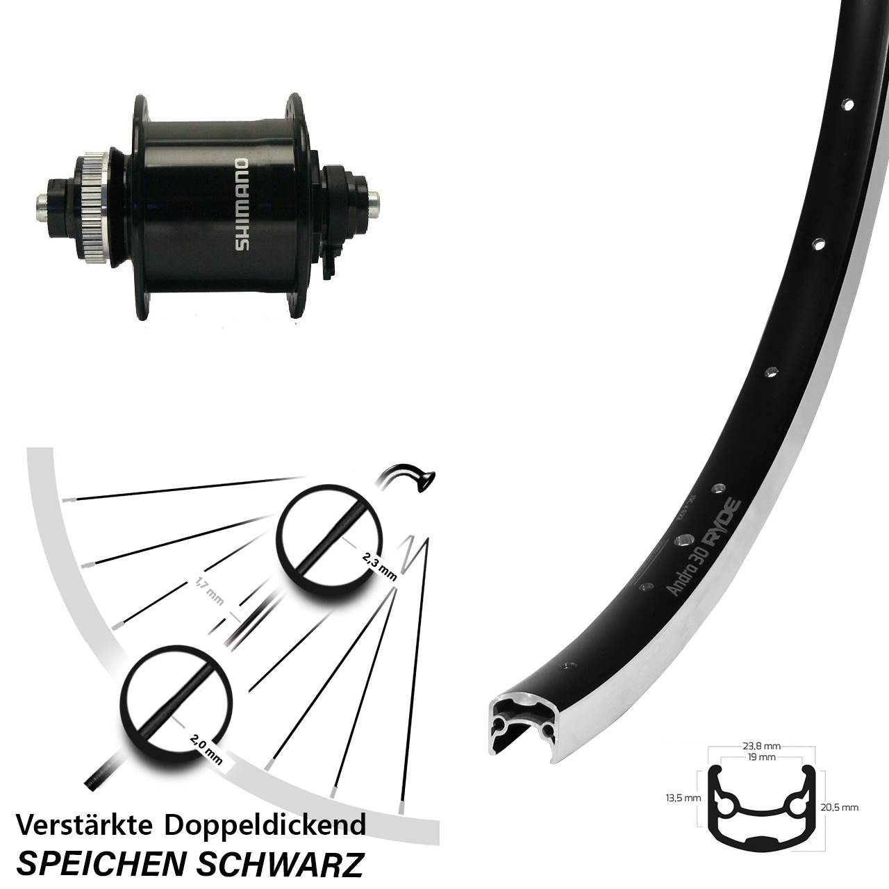 28 Zoll Ryde Andra 30 Shimano DH-UR700 Nabendynamovorderrad QR