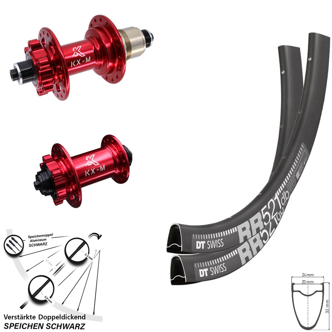 28 Zoll DT Swiss RR 521 KX-M rot Disc Laufrad-Satz QR XD